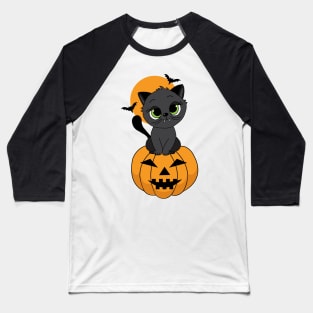 Cute Halloween Vampire Cat on Pumpkin Baseball T-Shirt